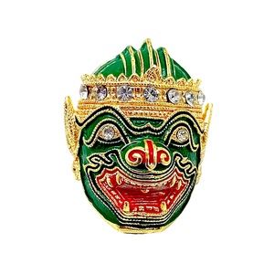 Vintage Thailand Hanuman Khon Mask Brooch Enamel Rhinestone Gold Tone Pin